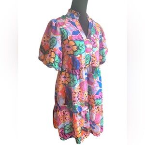 Anthropologie THML Colorful V-Neck Puff Sleeve Floral Ruffle Hem Dress